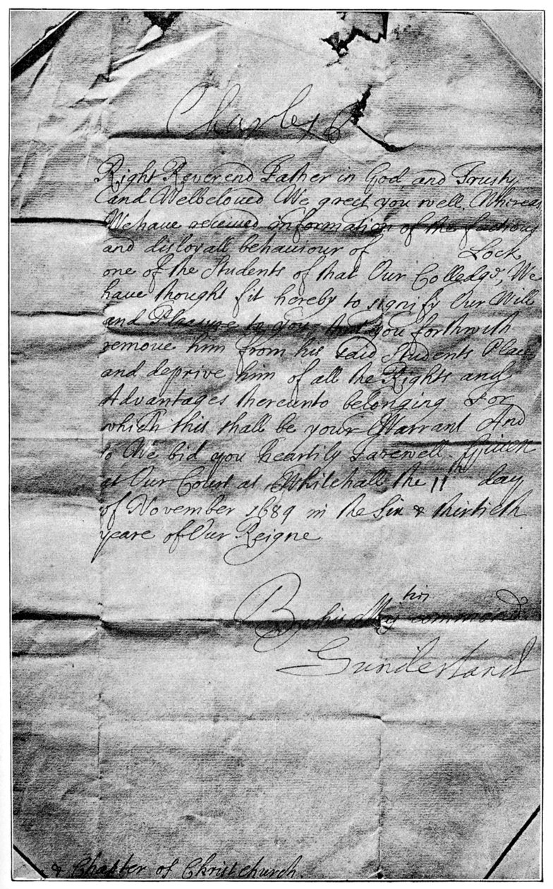 Kongelig mandat til å slette navnet til Locke fra studentene i Christ Church, Oxford, 1684, 1894 av Unbekannt