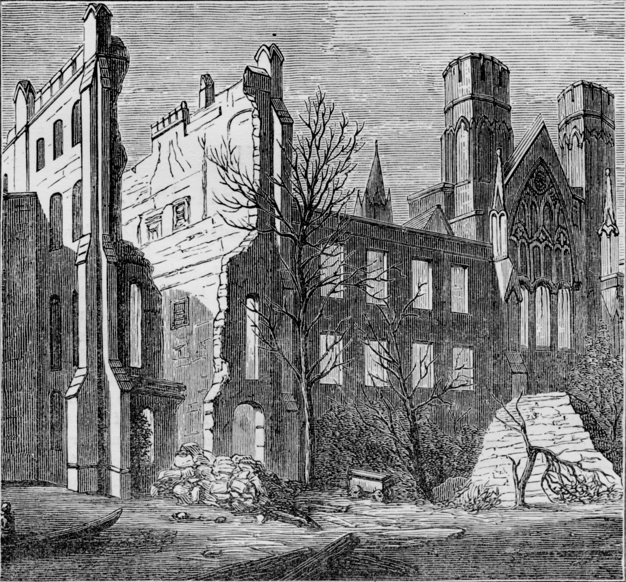 Ruinene av Houses of Parliament, etter brannen i 1834, c1850-årene. av Unbekannt
