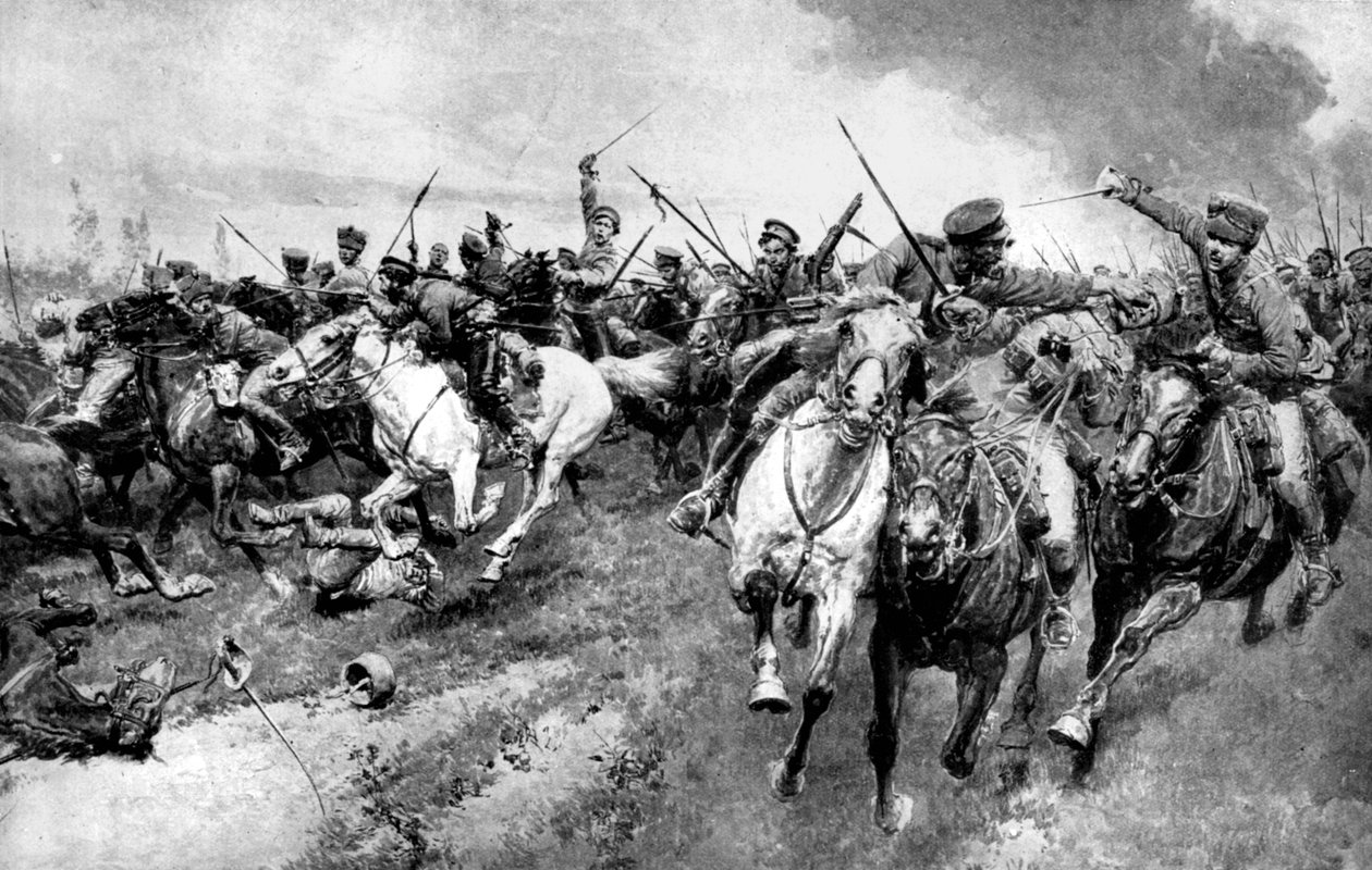 Russiske kosakker angriper den tyske hæren, Øst-Preussen, første verdenskrig, 1914 av Unbekannt