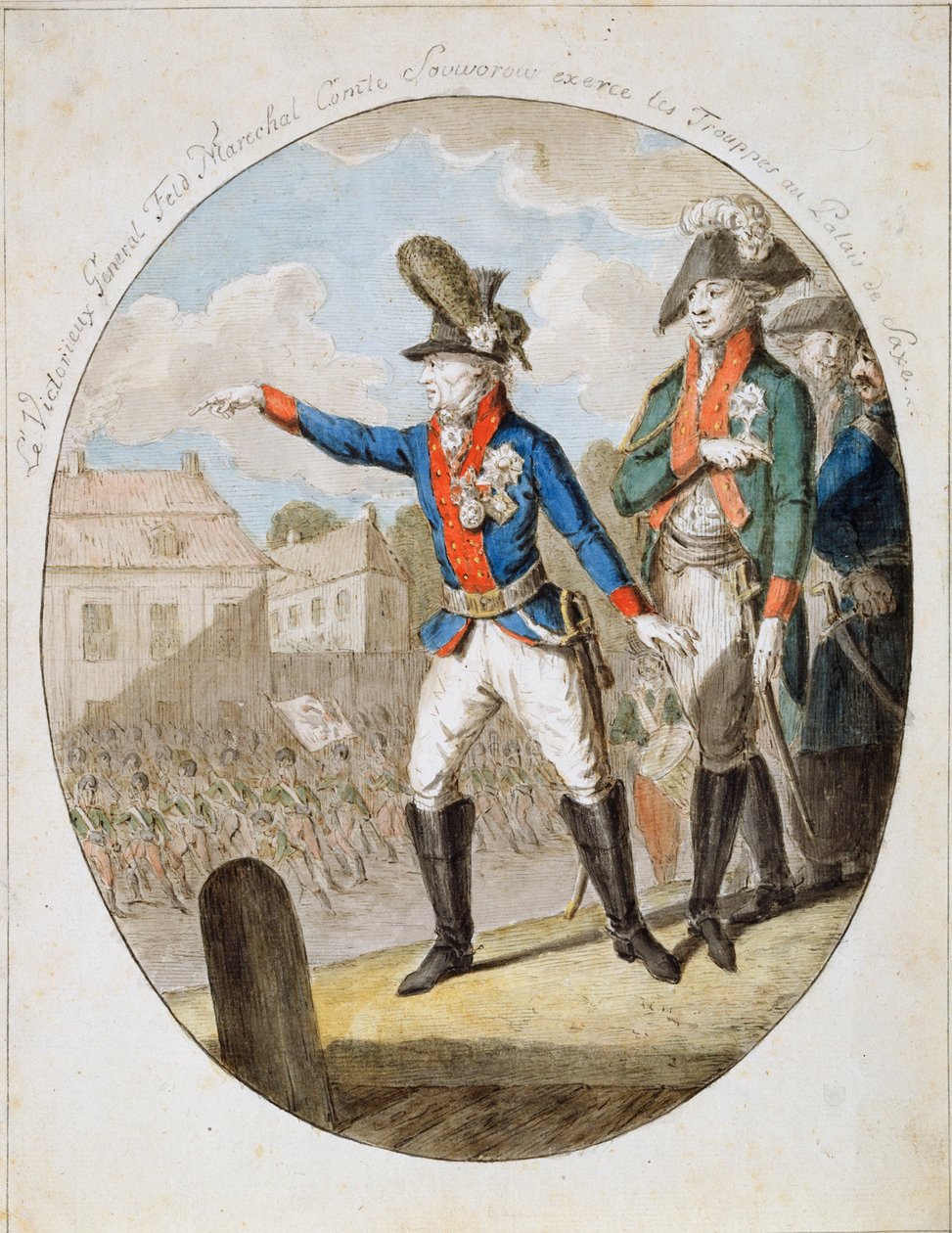 Den russiske feltmarskalken Alexander Suvorov inspiserer tropper, c1794 av Unbekannt