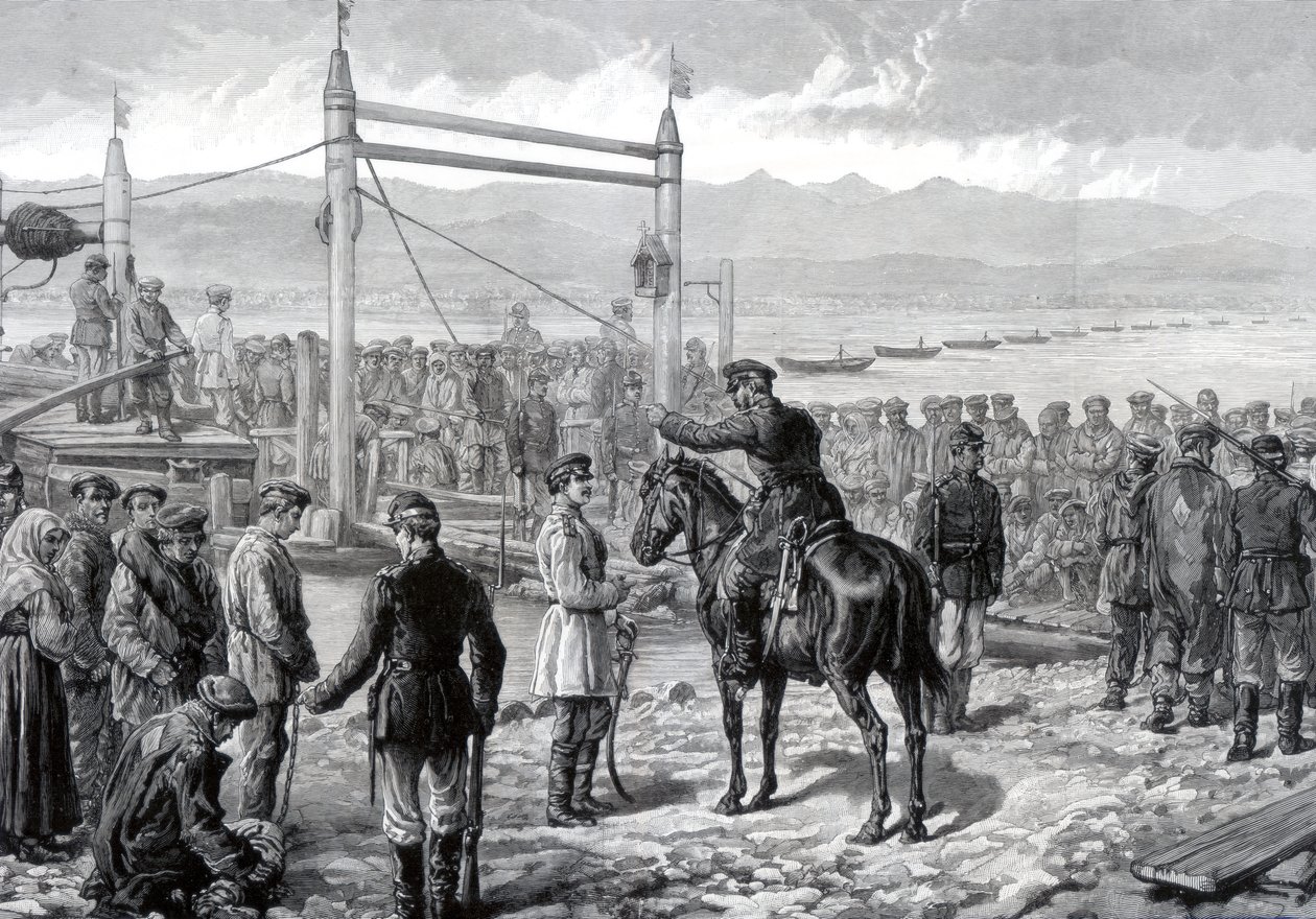 Russiske straffedømte under militær eskorte venter på å bli ferget over elven Yenisei, Sibir, 1882 av Unbekannt