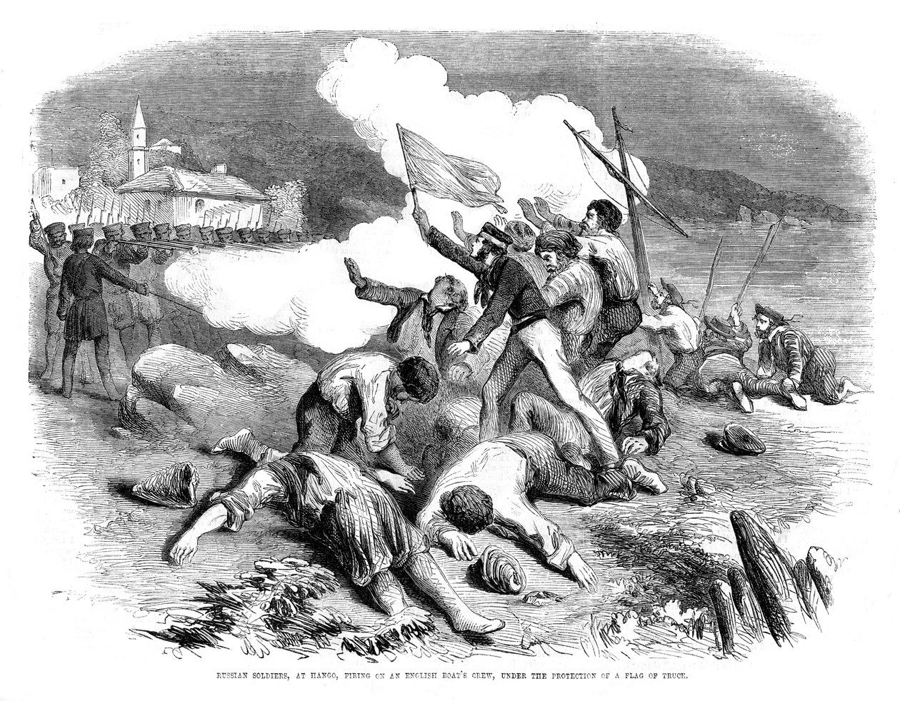 Russiske soldater skyter på et engelsk båtmannskap, under beskyttelse av et våpenhvileflagg, 1855 av Unbekannt