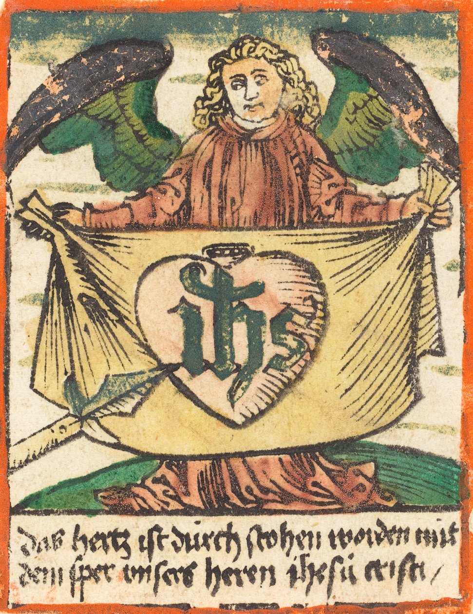 Hellig monogram i et hellig hjerte på en klut holdt av en engel, ca. 1480. av Unbekannt