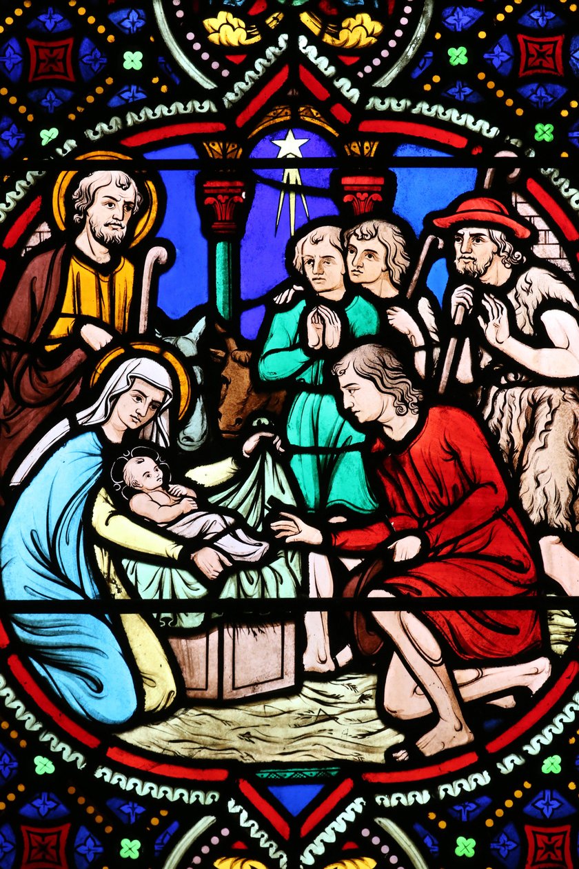 Hellig hjerte kirke. Glassmaleri vindu. Fødselen. Tilbedelse av hyrdene, 20160604, Moulins, Frankrike av Unbekannt