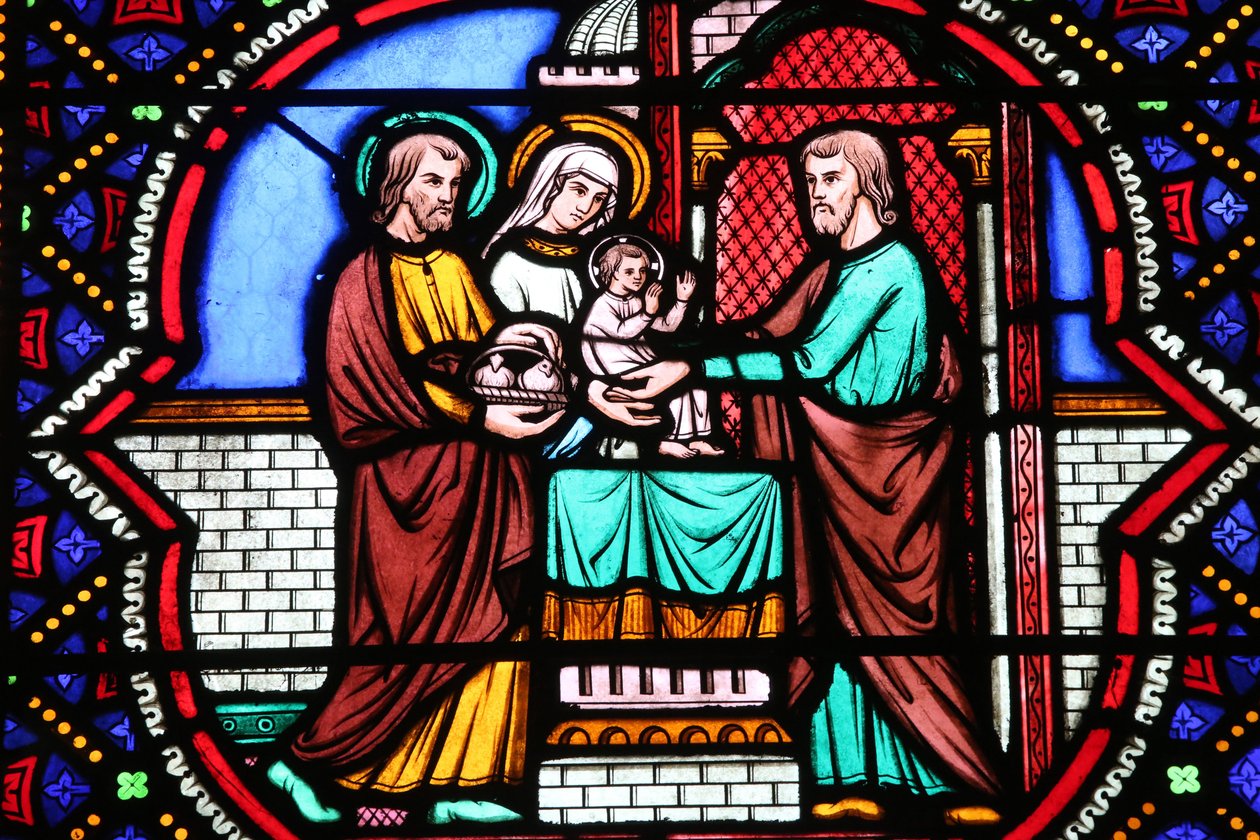 Hellig hjerte kirke. Glassmaleri vindu. Presentasjonen av Jesus ved tempelet, 20160604, Moulins, Frankrike av Unbekannt