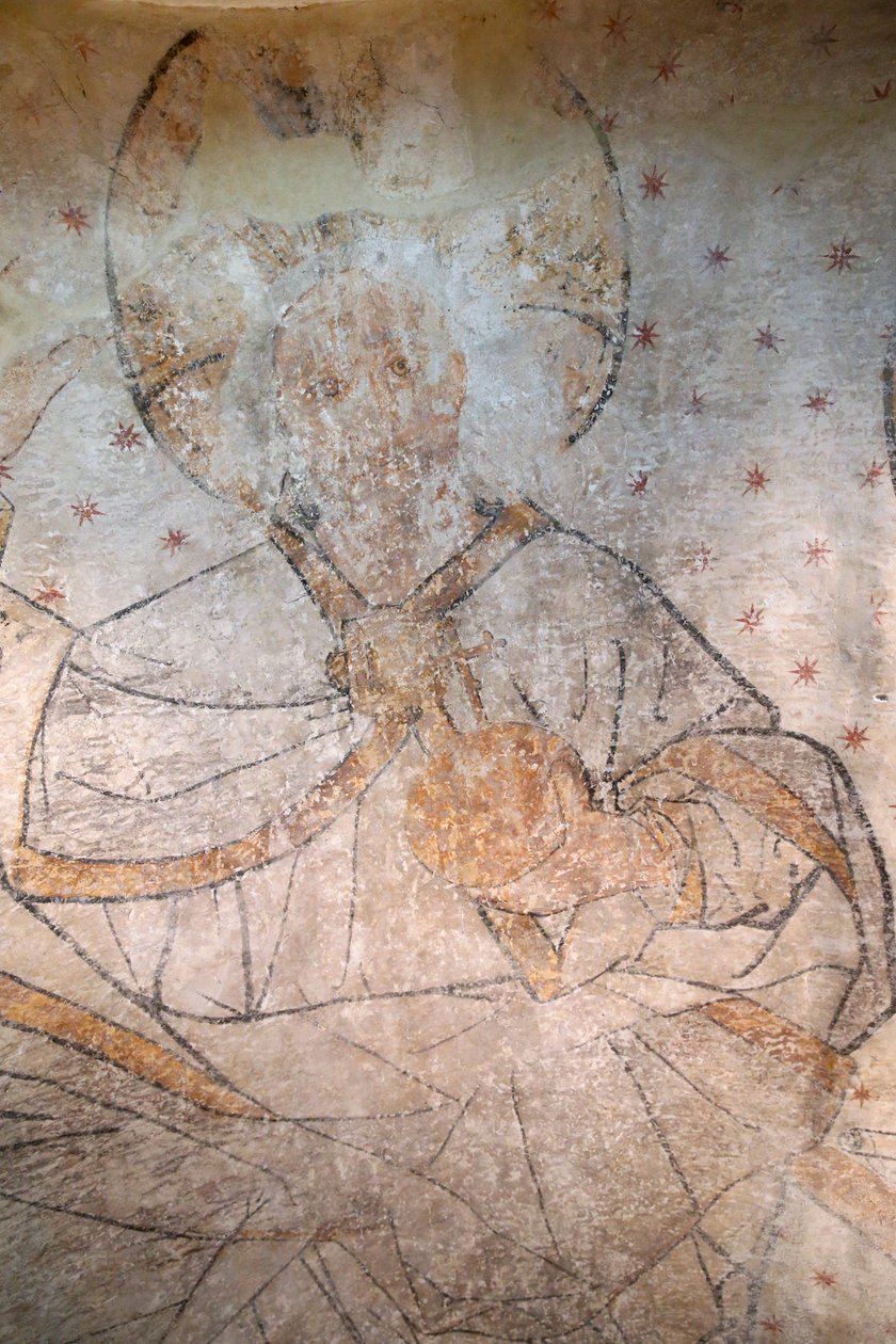 Saint-Claude, Jura, Frankrike, le 31/8/2015 - St Claude Abbey Museum. Kristus i herlighet. Maleri. 1400-tallet. av Unbekannt
