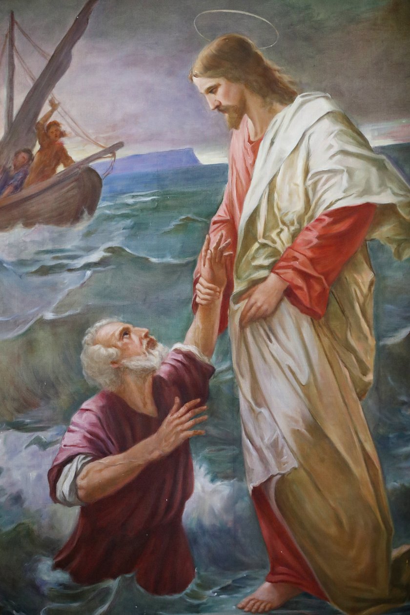 Saint-Grat kirke. Maleri. Peter gikk på vannet mot Jesus, men han ble redd og begynte å synke, og Jesus reddet ham. Valgrisenche. Italia. av Unbekannt