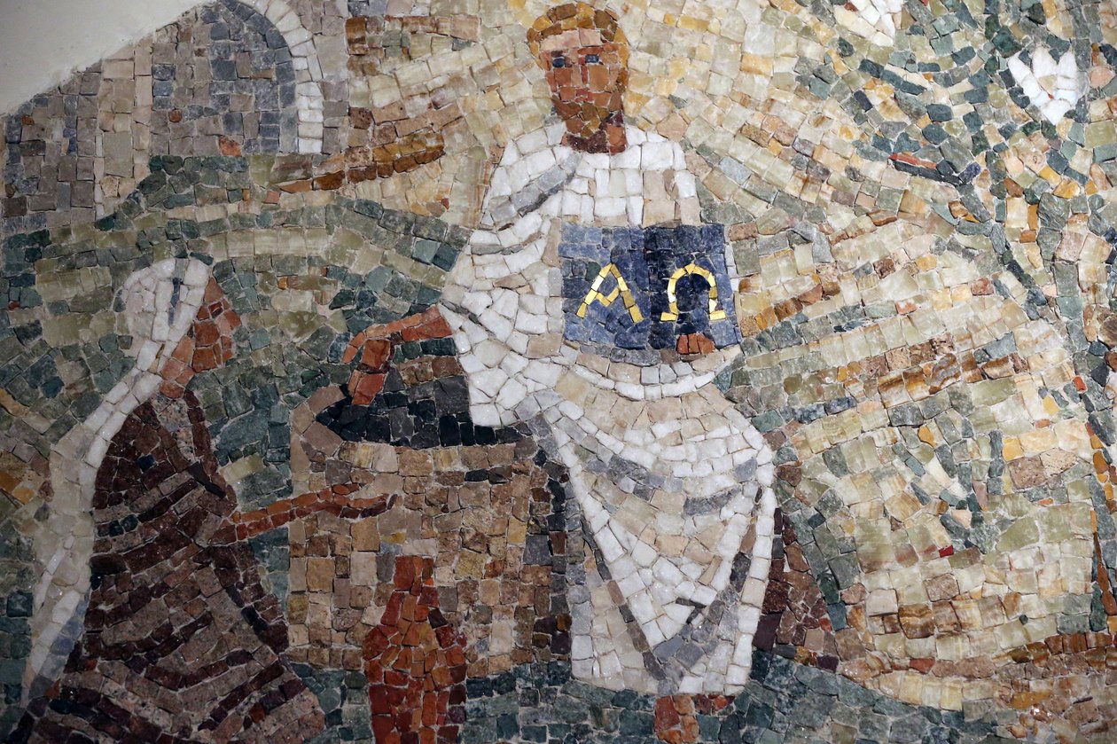 Saint-Maurice, Valais, Sveits, le 16/9/2015 - Saint-Maurice d'Agaune kloster. Mosaikker av Madeline Diener. Jesus og den samaritanske kvinnen ved brønnen. av Unbekannt