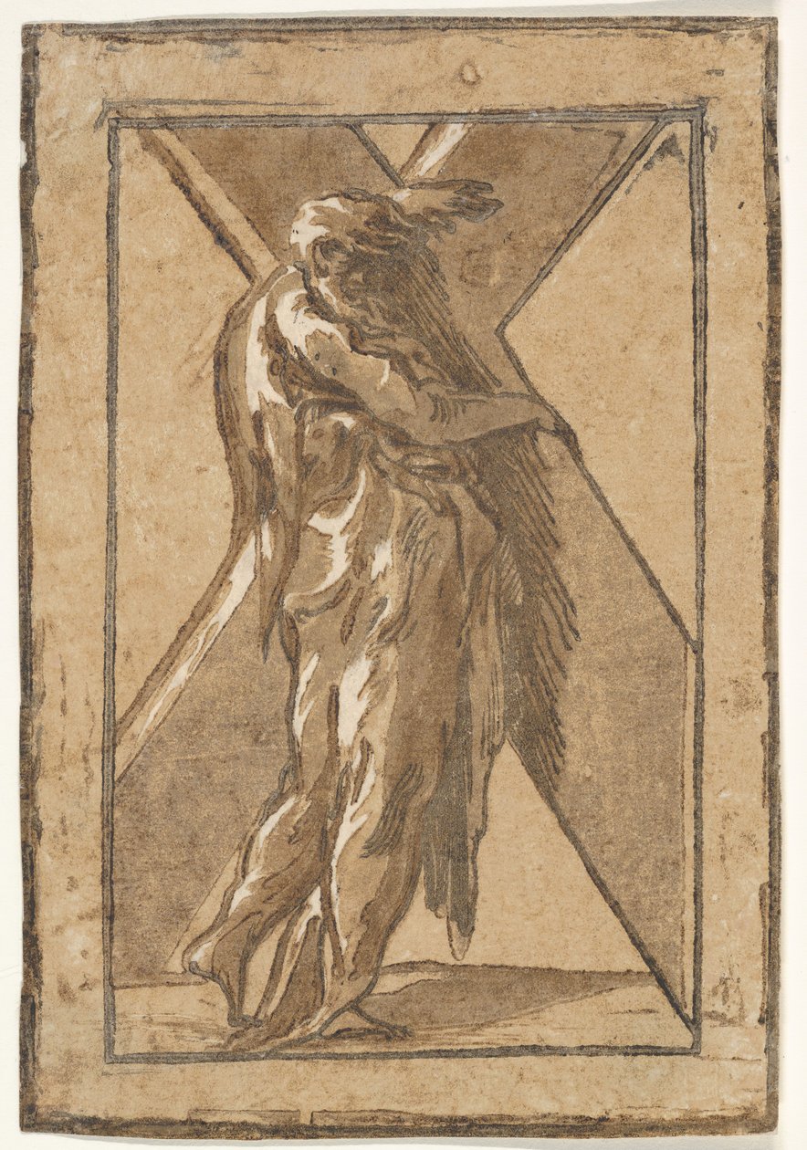 Saint Andrew står i profil og holder et stort kors fra en serie av Tolv Apo..., ca. 1540-50. av Unbekannt