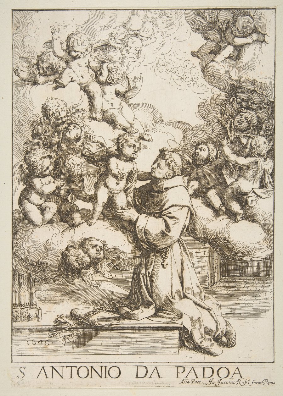 Den hellige Antonius av Padua som tilber Kristusbarnet, kopi etter Cantarini, 1640. av Unbekannt