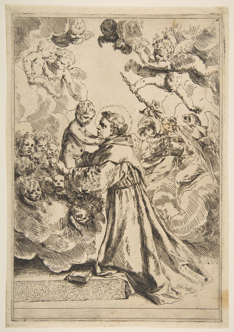 Den hellige Antonius av Padua som tilber Kristusbarnet i herlighet, kopi etter Cantarini, ca. 1640 eller senere. av Unbekannt