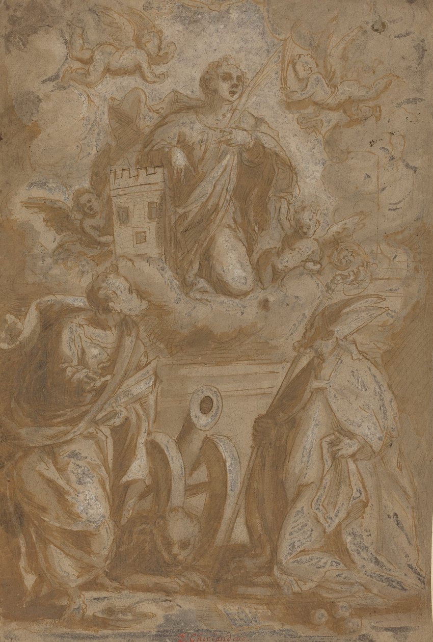 Saint Barbara in Glory med Saints Nicholas and Jerome, andre halvdel av 1500-tallet. av Unbekannt