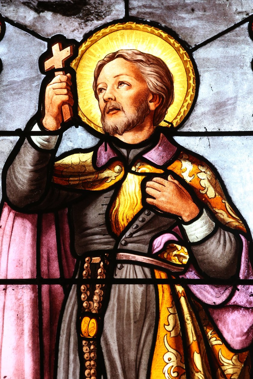 Saint Fargeau kirke. Glassmaleri vindu. Den romersk-katolske misjonæren St Francis Xavier. Frankrike av Unbekannt