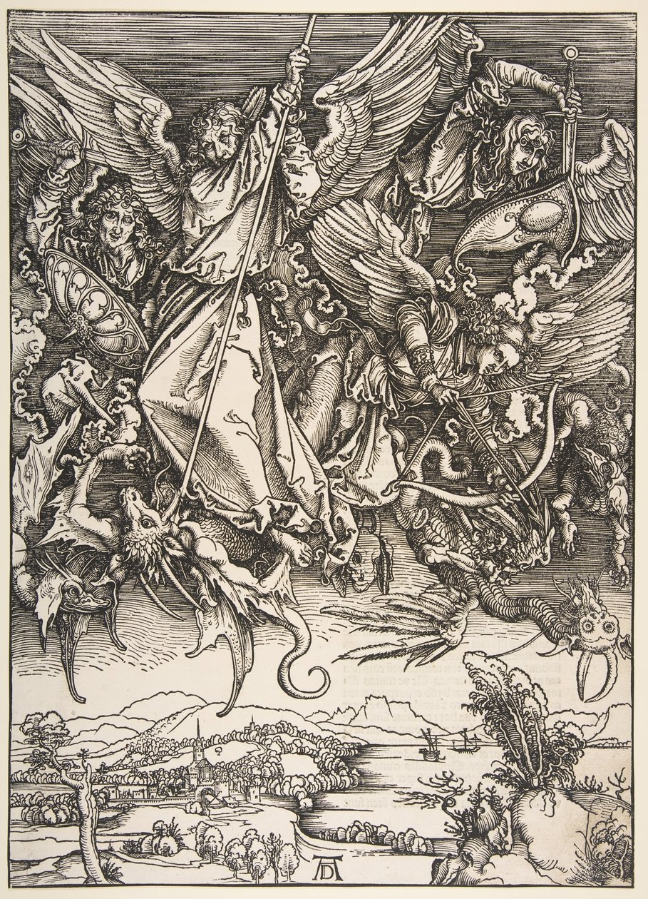 Saint Michael Fighting the Dragon, fra The Apocalypse, 1498. av Unbekannt