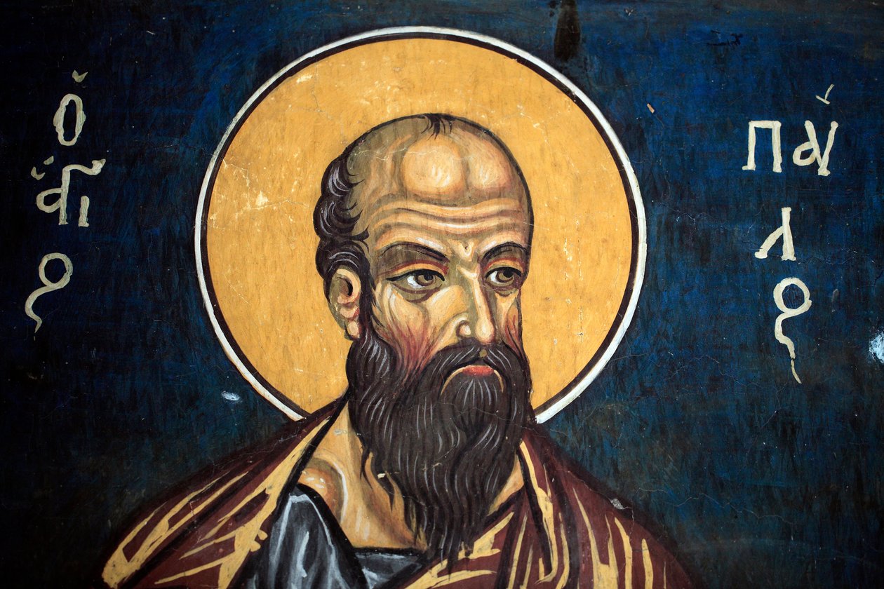 Saint Paul: Bysantinsk freskomaleri fra det 14. århundre (1332) Nathex, sørveggen Phorbiotissa Jomfrukirken, Asinou Unesco-sted Troodos-regionen, Kypros av Unbekannt