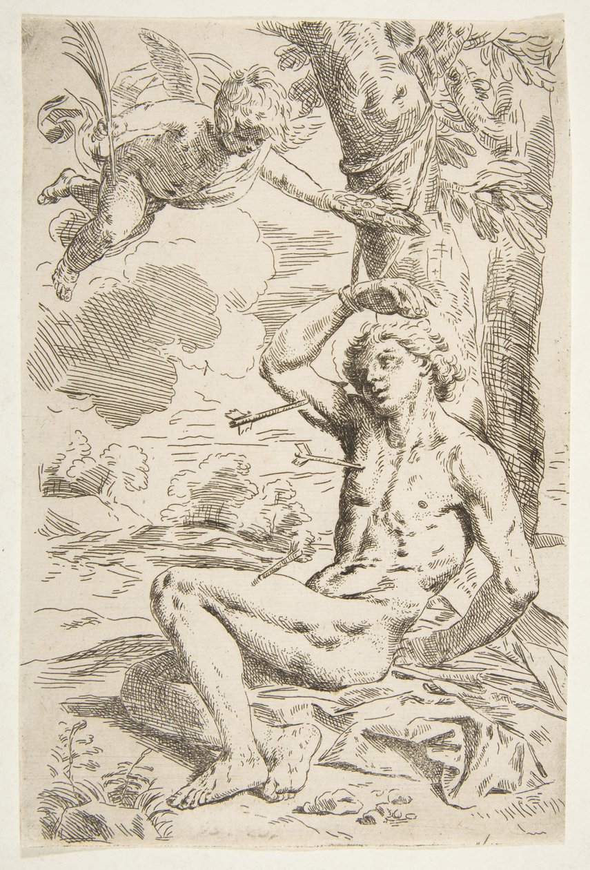 Saint Sebastian gjennomboret med piler og bundet til et tre, kopi etter Cantarini, ca. 1639 eller senere. av Unbekannt