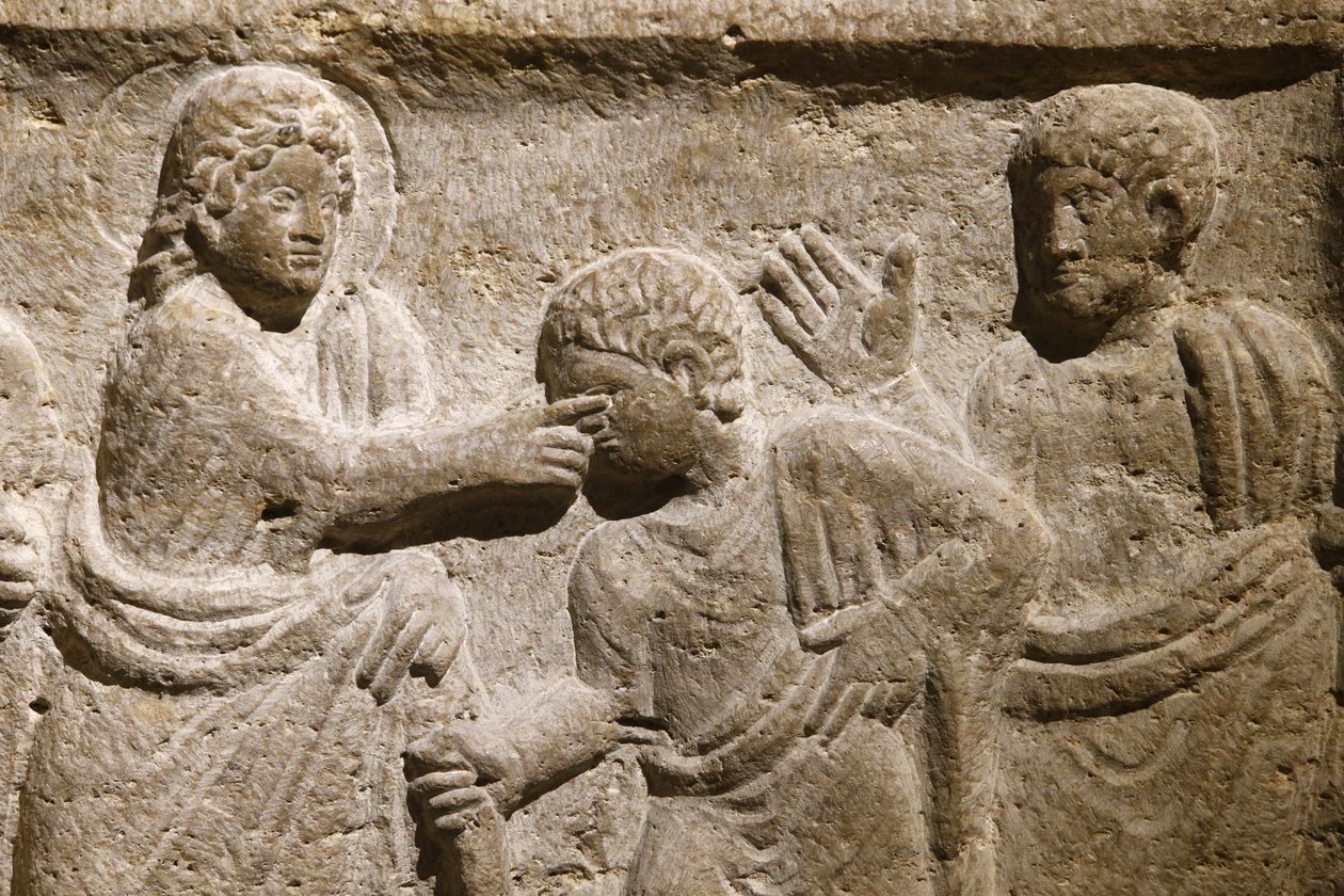 Saint Victor-klosteret, Marseille. Sarkofagdetalj: Jesus helbreder en blind mann. Frankrike av Unbekannt