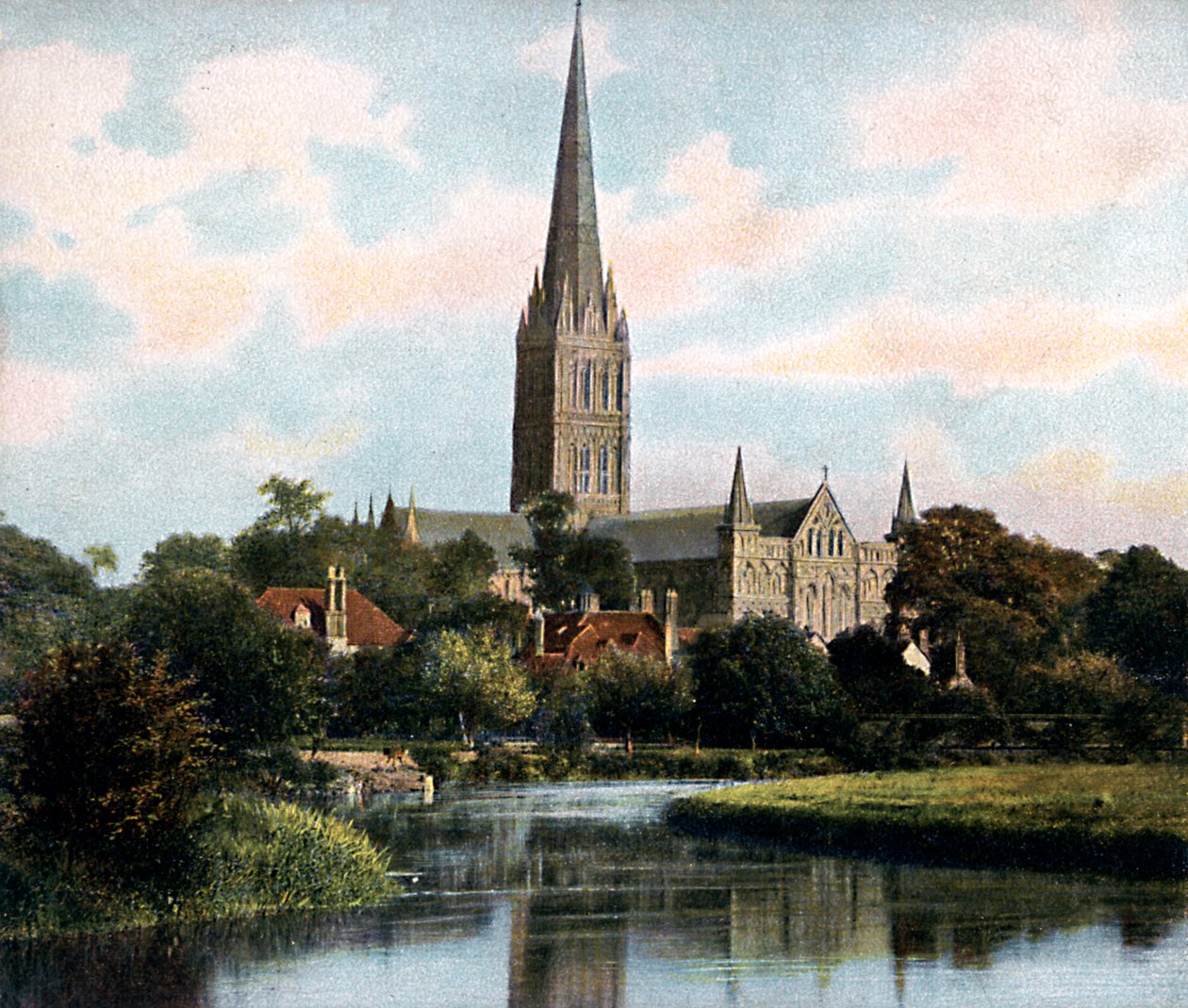 Salisbury katedral sett fra elven Avon, Salisbury, Wiltshire, tidlig på 1900-tallet av Unbekannt