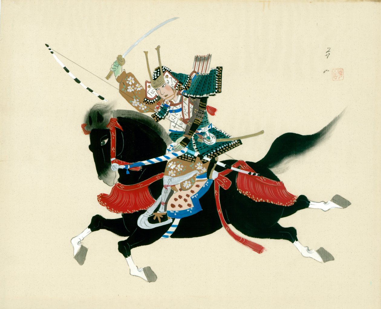 Samurai Warrior rir på en hest. Et japansk maleri på silke, i tradisjonell japansk stil av Unbekannt