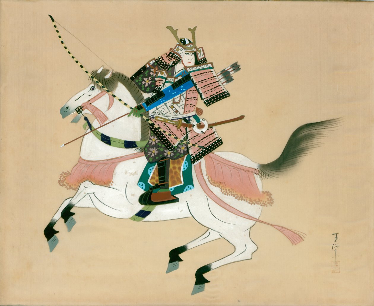Samurai Warrior rir på en hest. Et japansk maleri på silke, i tradisjonell japansk stil av Unbekannt