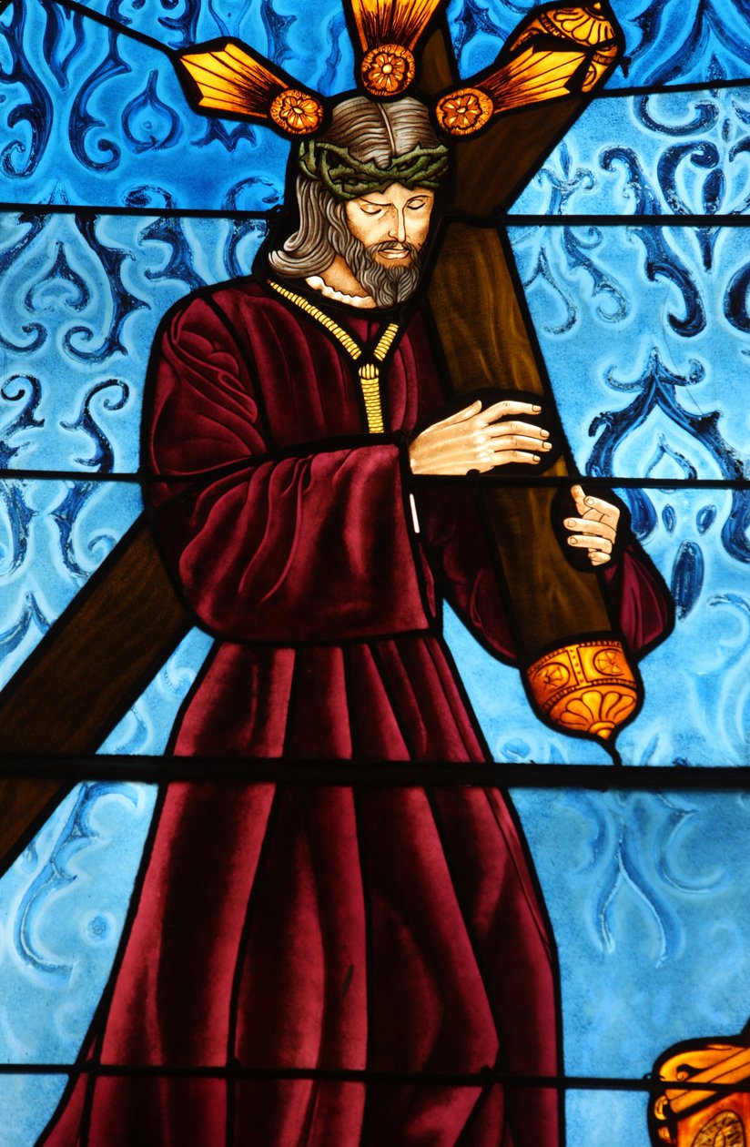 San Jeronimos kirke. Farget glass. Jesus bærer sitt kors Madrid Spania av Unbekannt