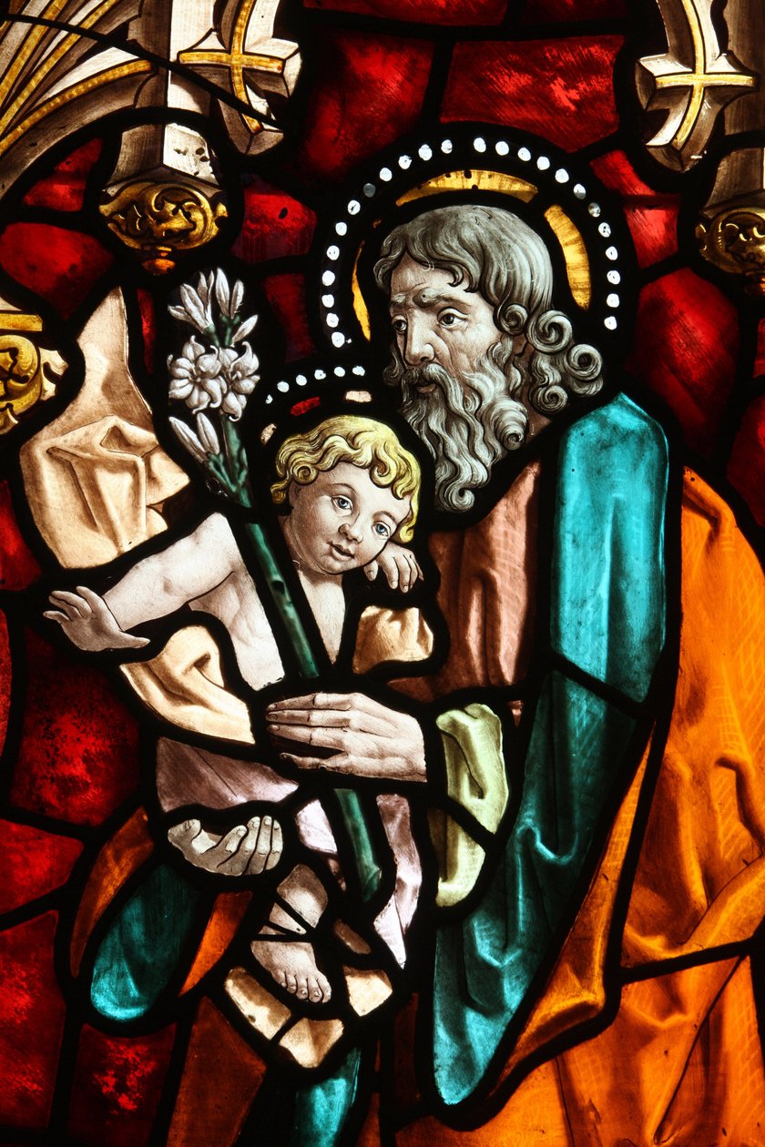 San Jeronimos kirke. Farget glass. Joseph og Jesus., Madrid, Spania av Unbekannt
