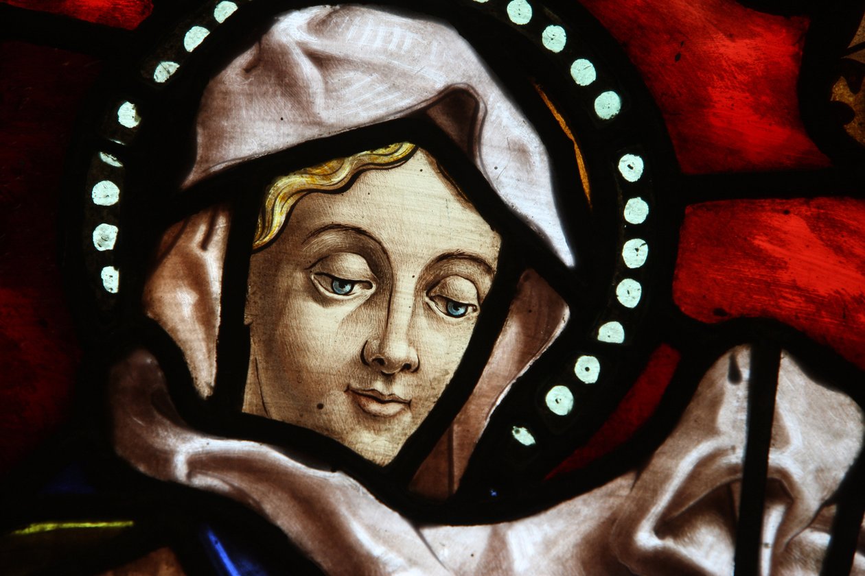 San Jeronimos kirke. Farget glass. Jomfru Maria Madrid Spania av Unbekannt
