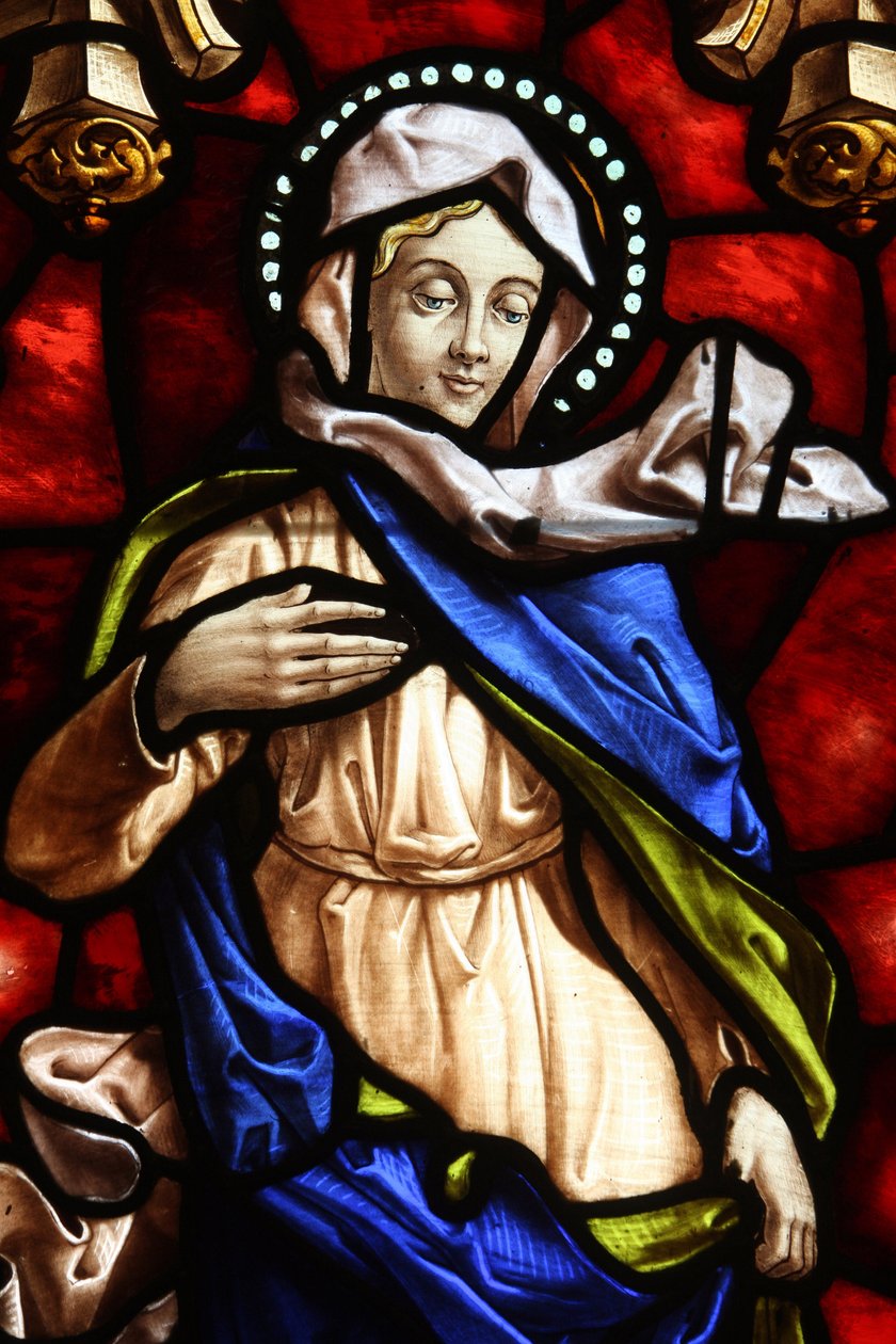 San Jeronimos kirke. Farget glass. Jomfru Maria Madrid Spania av Unbekannt