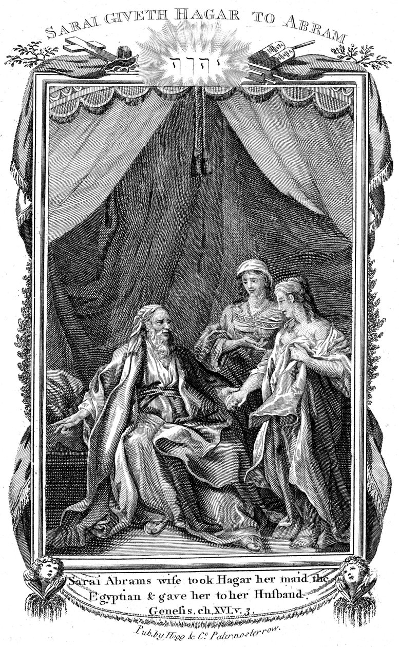 Sarah, Abrahams kone, som er ufruktbar, tilbyr Hagar sin hushjelp til mannen sin, c1804 av Unbekannt