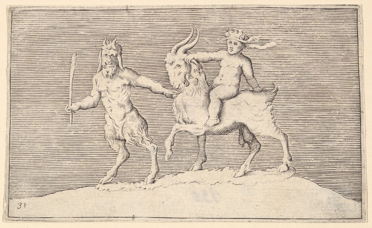 Satyr Leading Goat som et spedbarn rir på, publisert ca. 1599-1622. av Unbekannt