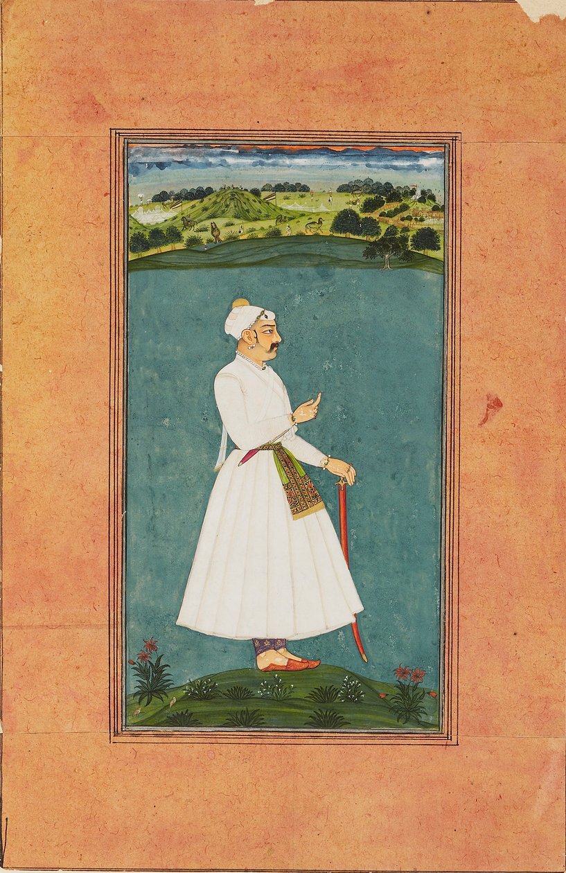 Sawai Jai Singh står i et landskap, c1730 av Unbekannt