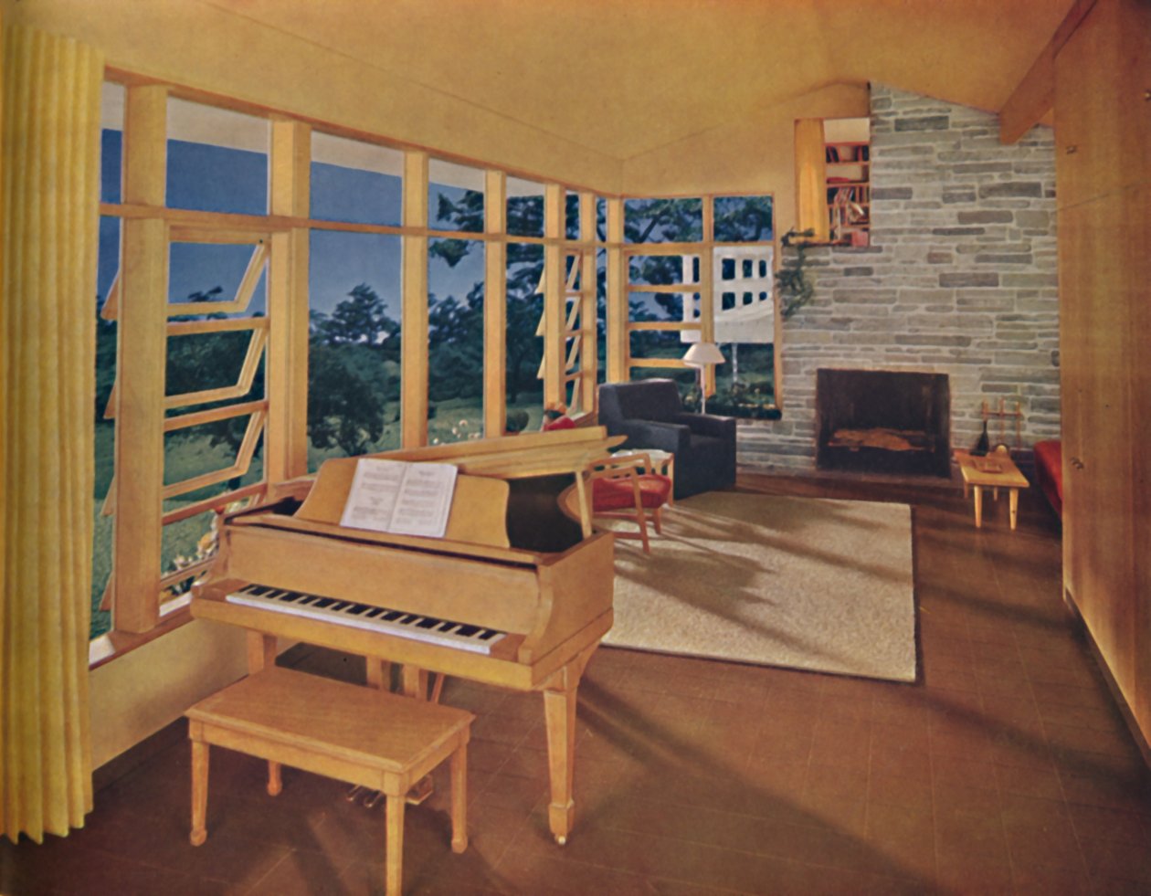 Skalamodell av en stor stue 25 fot lang i et moderne hus, designet av Edward D. Stone, av Unbekannt