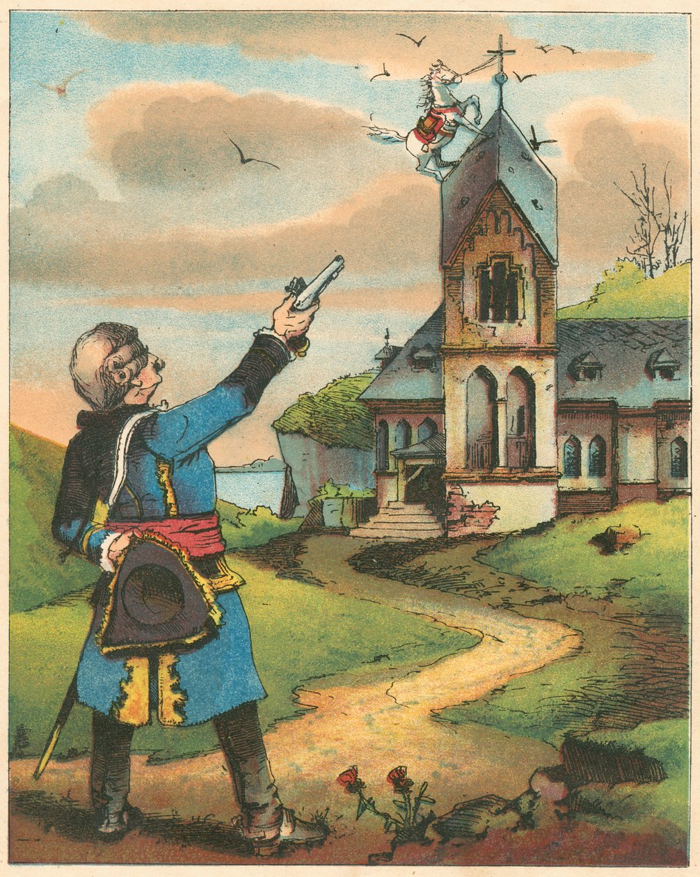 Scene fra The Adventures of Baron Munchausen av Rudolph Erich Raspe, c1850 av Unbekannt
