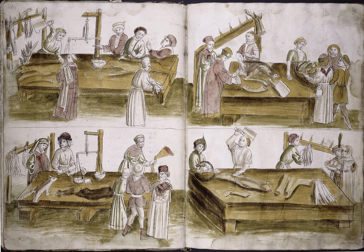 Scene fra markedslivet med slaktere fra: Ulrich Richental Chronicle of the Council of Constance, 1414-1418 av Unbekannt