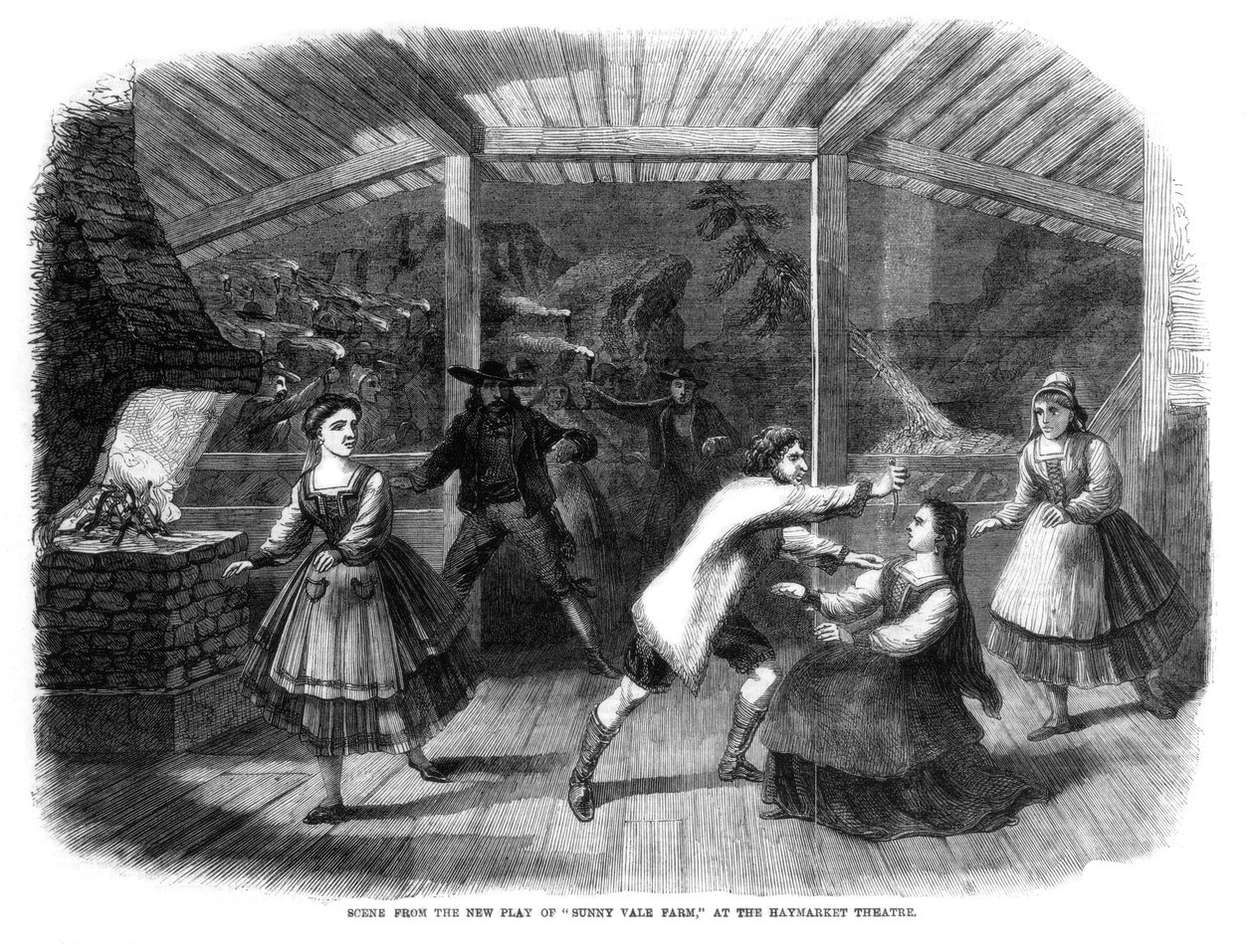 Scene fra stykket Sunny Vale Farm, fremført på Haymarket Theatre, London, 1864 av Unbekannt