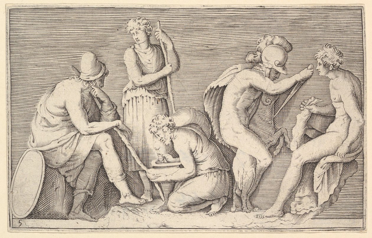 Scene of Sacrifice med Warrior Killing Ram og Four Other Figures, publisert ca. 1599-1622. av Unbekannt
