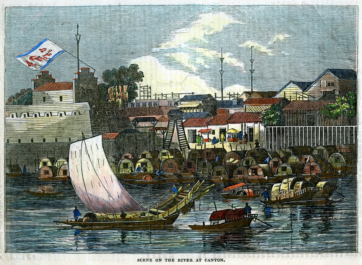 Scene på elven ved Canton, Kina, c1840 av Unbekannt