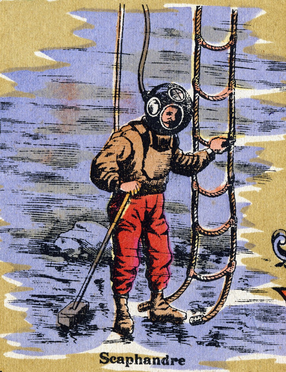 Scuba-dress. Illustrert alfabet. Bilder gjenforent i Jarville-Nancy, begynnelsen av det 20. århundre. Mål: 40 x 29 cm. Litografi på bistre bakgrunn av Unbekannt