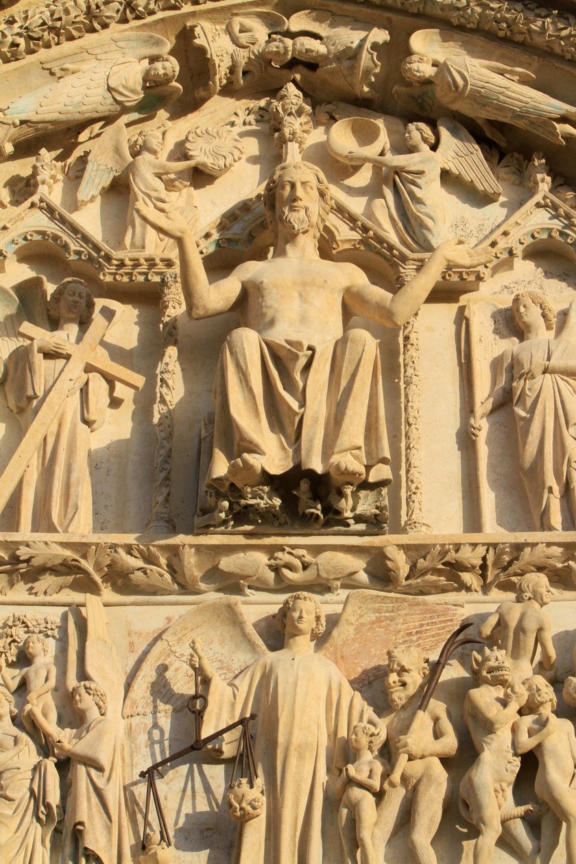 Skulptur av Kristus sittende på en trone. Den siste dommen. Tympanum til den vestlige sentrale portalen. Stefansdomen. av Unbekannt