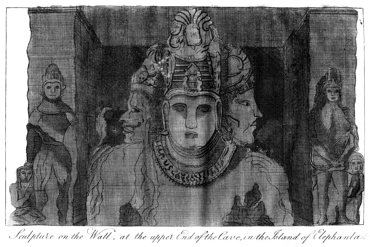 Skulptur på veggen ved den øvre enden av hulen, Island of Elephanta, India, 1799 av Unbekannt
