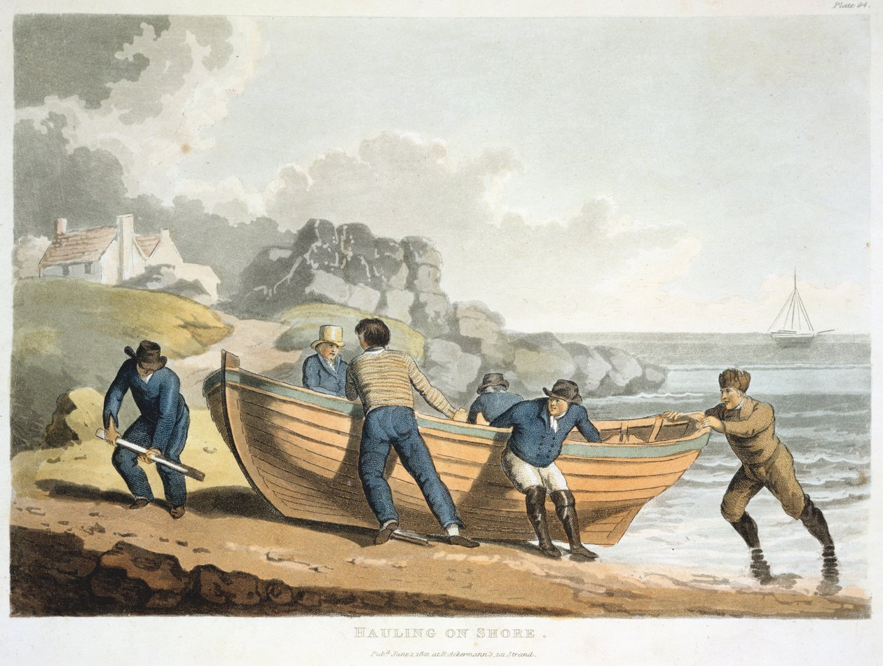 Sjømenn som drar en klinkbygget jolle opp på kysten, 1821 av Unbekannt