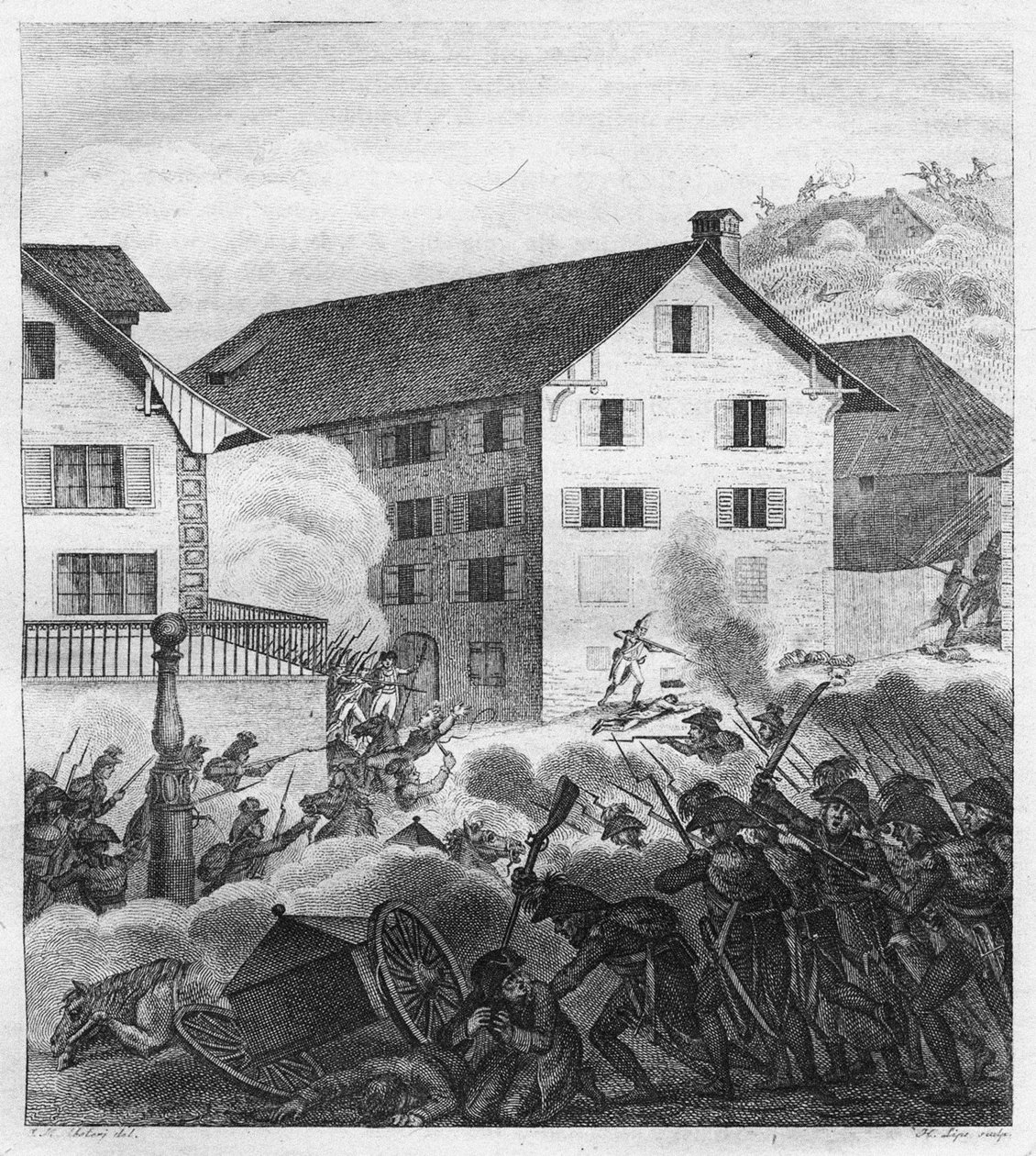 Andre slaget ved Zürich, kampscene i sentralen, 1799 av Unbekannt