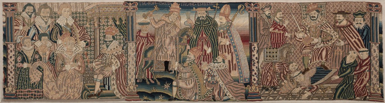 Del av en brodert frise: Ahasverus og Esther, Paven Chiding the Emperor, 1625-1649. av Unbekannt