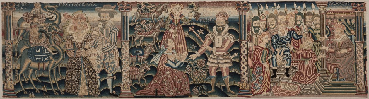 Del av en brodert frise: Rebecca møter Isaac, Abigail møter David, 1625-1649. av Unbekannt