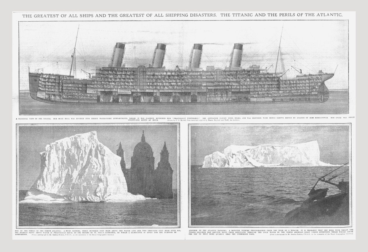 Snittdiagram av Titanic og isfjell, 20. april 1912. av Unbekannt