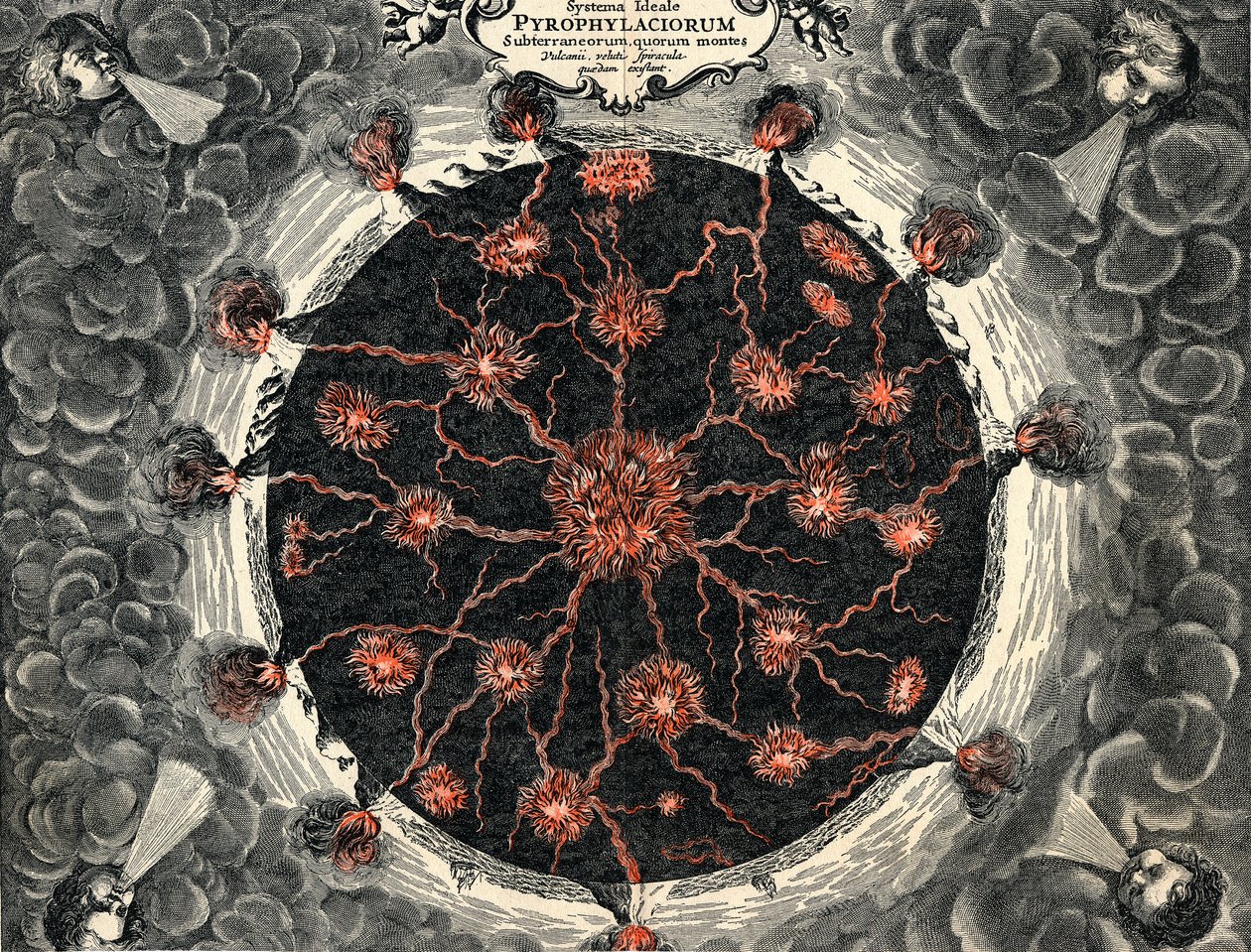 Snittvisning av jorden, som viser sentral ild og vulkaner, 1665 av Unbekannt