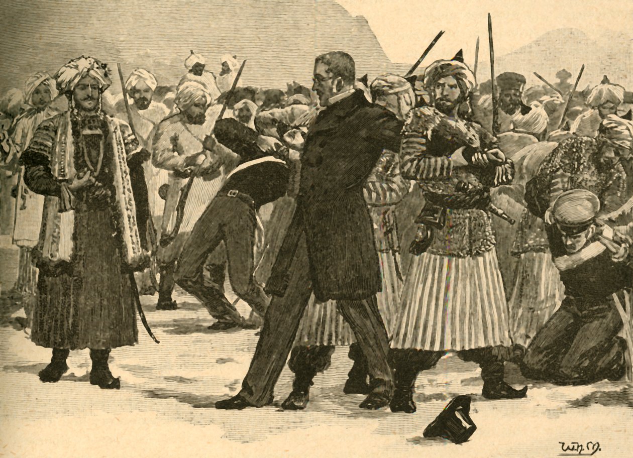 Beslagleggelse av Sir William Macnaghten av Akbar Khan, Afghanistan, 1841 c1890. av Unbekannt