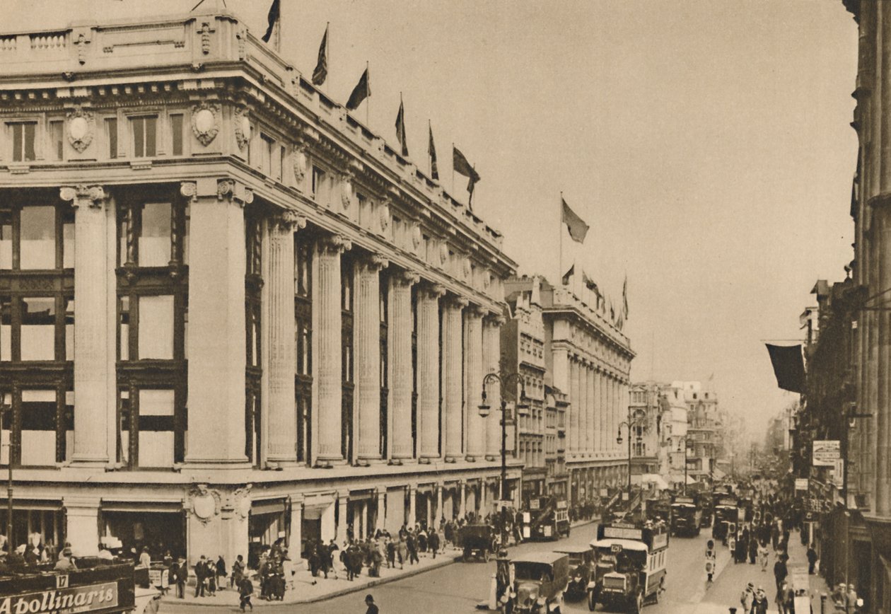 Selfridges og den siste av de gamle Oxford Street-butikkene som bygningen oppslukte, ca 1935. av Unbekannt