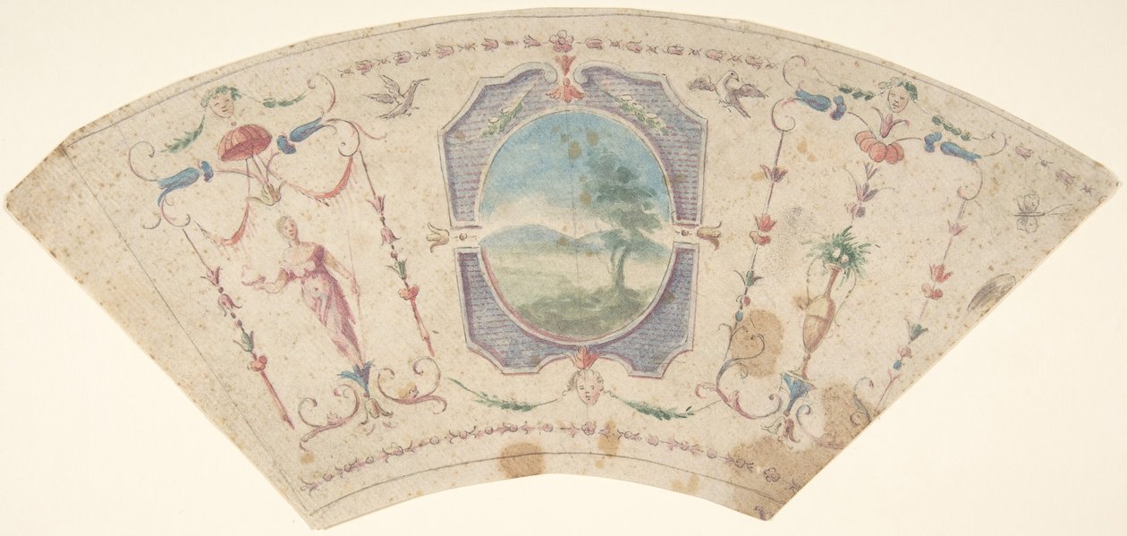 Halvsirkulær design med grotesker og en sentral medaillon som inneholder et landskap, 1700-tallet. av Unbekannt