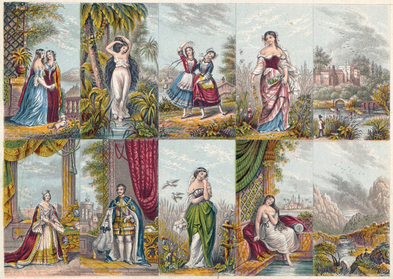 Serie med utsikt og figurer, inkludert et portrett av dronning Victoria og prins Albert, 1851 av Unbekannt